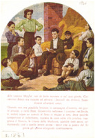 Anteprima di Cartolina del quadro in cui Giovannino Bosco da un fienile spiega il catechismo ad alcuni coetanei; nella Sagrestia del Santuario di Maria Ausiliatrice.