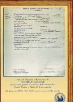 Anteprima di Atto di Nascita e di Battesimo di Magone Michele, nato a Carmagnola (Torino) il 19.09.1845, rilasciato dal Parroco della Parrocchia dei Santi Pietro e Paolo di Carmagnola. [Copia conservata in protezione con vetro]