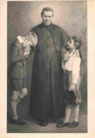 Anteprima di San Giovanni Bosco con due giovani (versione monocroma del dipinto di P. G. Crida)