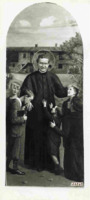 Anteprima di San Giovanni Bosco in mezzo ai giovani con sfondo della casa natia