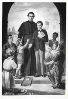 Anteprima di San Giovanni Bosco e San Domenico Savio con i giovani dell'oratorio e l'altare nuovo di Pianezza (1957)