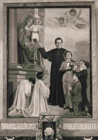 Anteprima di San Giovanni Bosco con la Madonna Ausiliatrice e San Domenico Savio e i giovani