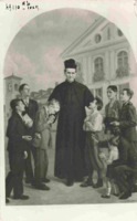 Anteprima di Don Bosco circondato dai ragazzi davanti alle camerette di Valdocco con la chiesa di S. Francesco sul fondo