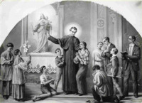 Anteprima di San Giovanni Bosco innalza la preghiera e presenta la gioventù laboriosa davanti all'altare di Maria Ausiliatrice