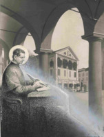 Anteprima di San Giovanni Bosco che scrive sotto i portici con vista sulla piazza e sul santuario