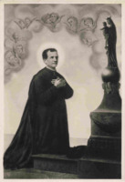 Anteprima di San Giovanni Bosco in preghiera con schiera di angeli e Maria Ausiliatrice