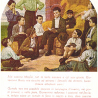 Anteprima di Cartolina del quadro in cui Giovannino Bosco da un fienile spiega il catechismo ad alcuni coetanei; nella Sagrestia del Santuario di Maria Ausiliatrice.